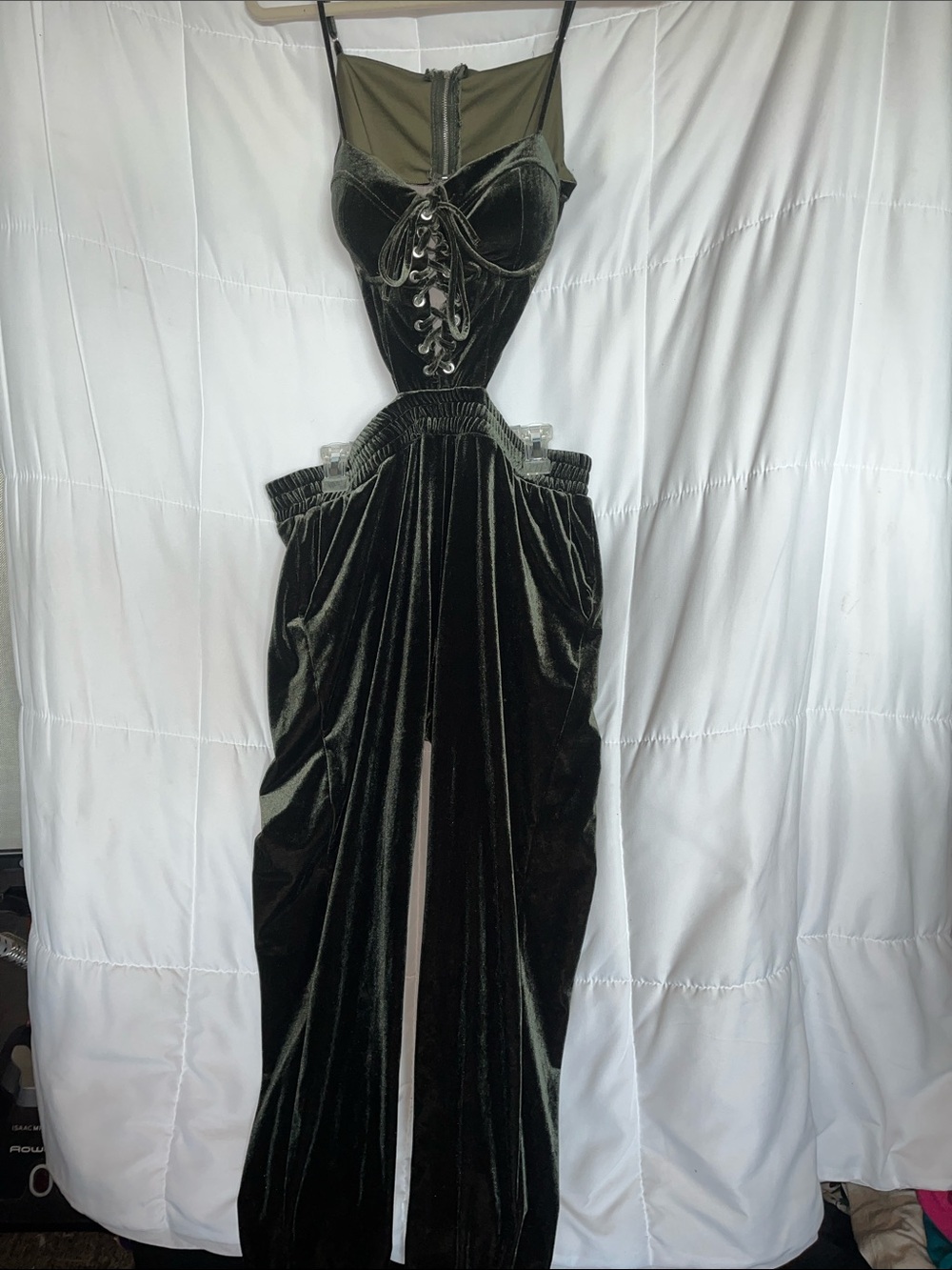 Rosevelvet Forest Green Velvet Bustier Cut Away Jumpsuit L Lace Up Holiday Party